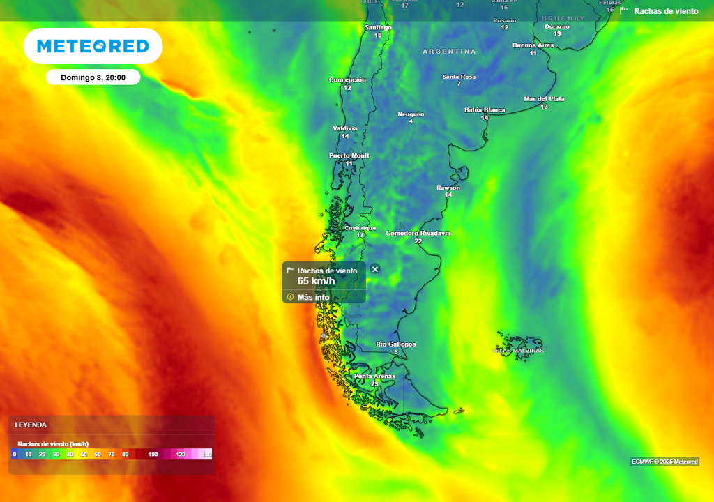 Viento y lluvia, Patagonia, Chile, Meteored
