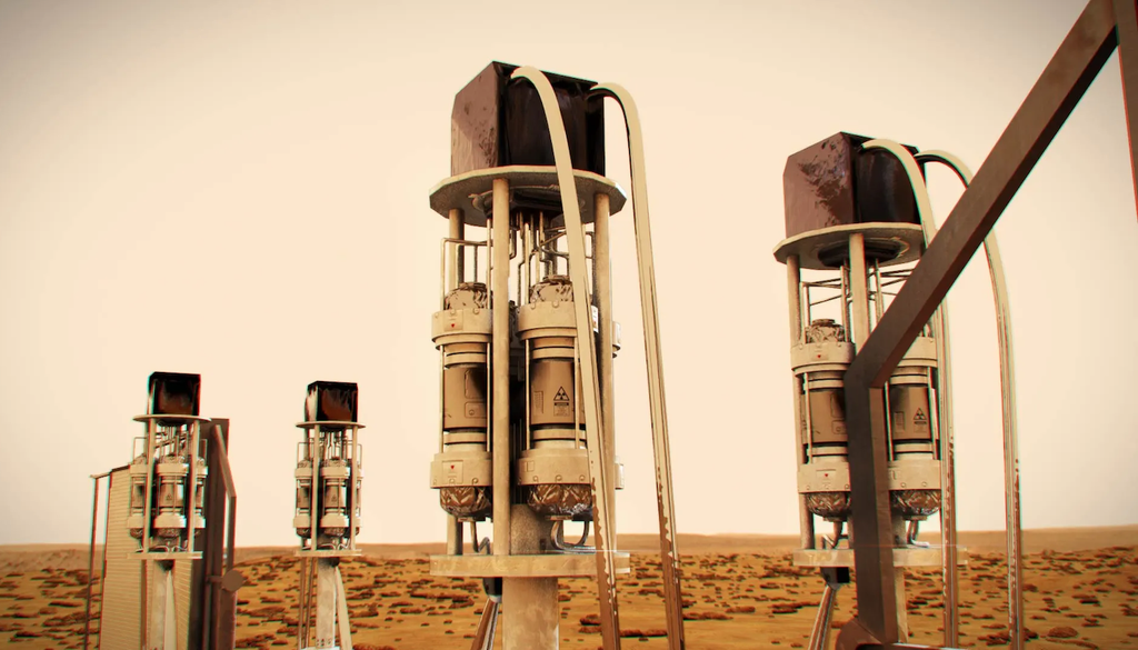 Representación artística de un sistema de energía de fisión en la superficie lunar. Crédito: NASA.