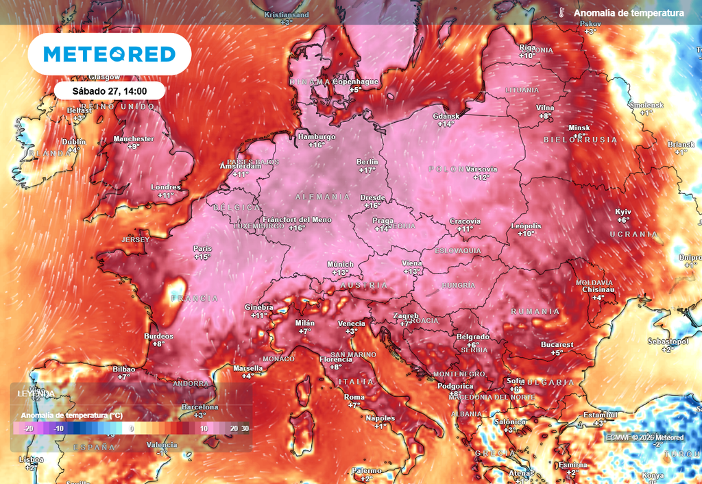 Anomalía térmica prevista para el mediodía del sábado 27 de junio en Centroeuropa. El mapa es muy contundente.