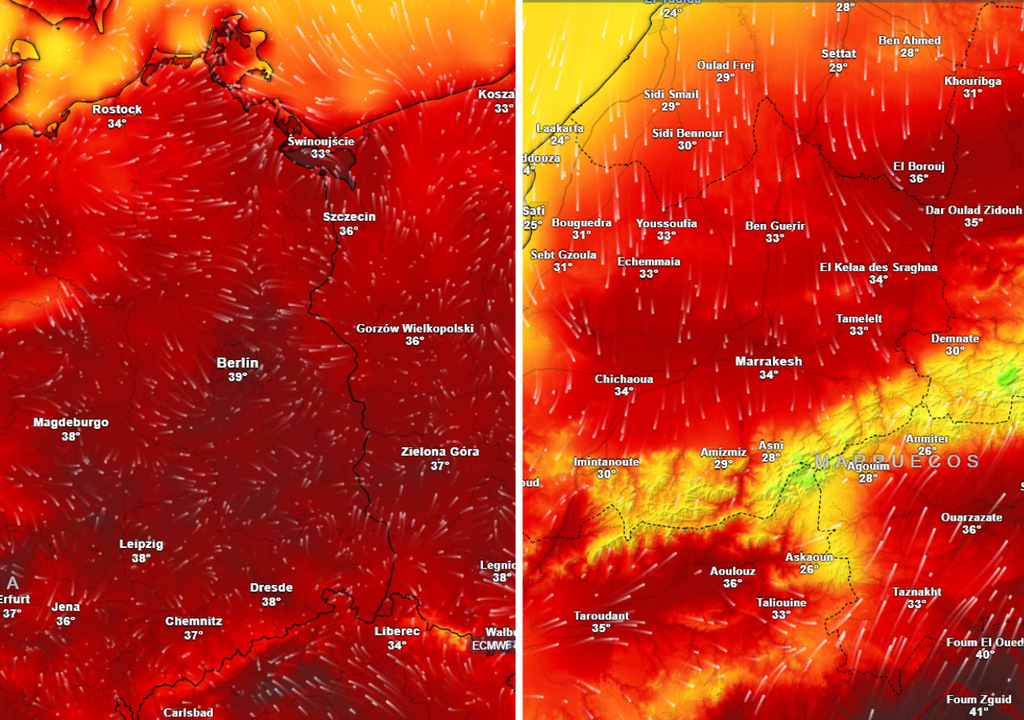 Temperaturas previstas para el mediodía del domingo 28 de junio en Berlín y Marrakech.