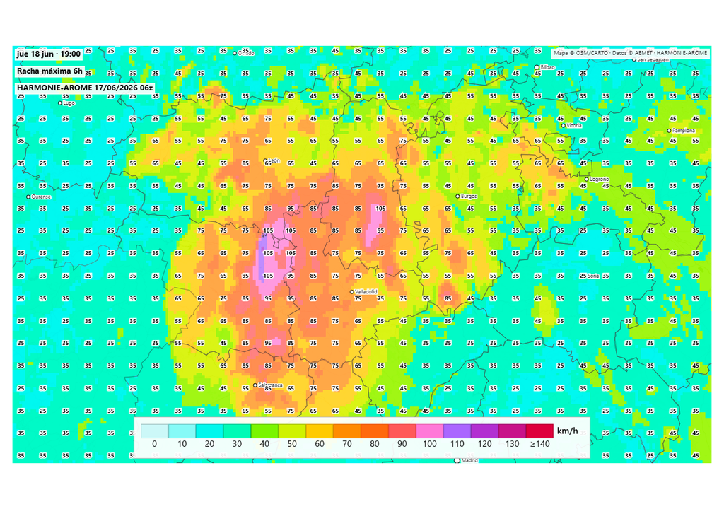 El modelo Harmonie avisa de vendavales y probables reventones de cara a mañana en Castilla y León. Fuente: Harmoniearome.es