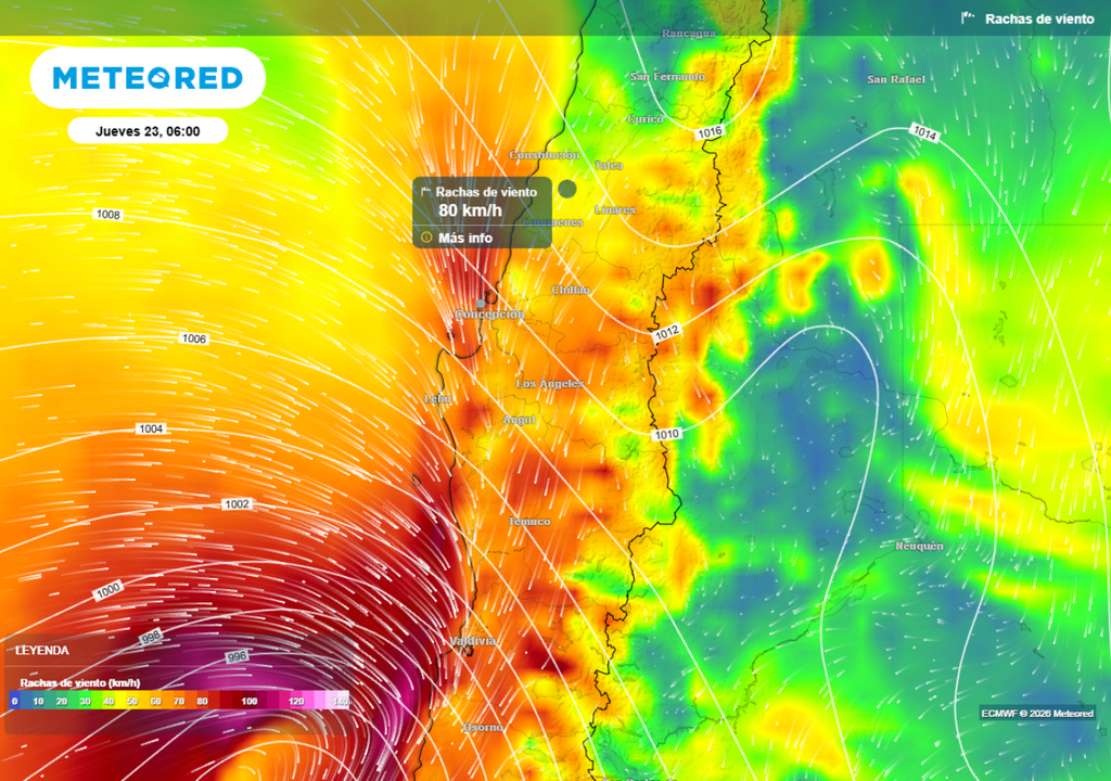 Las rachas de viento incrementarán en la madrugada del jueves en el Biobío y Ñuble, con valores máximos en el litoral.