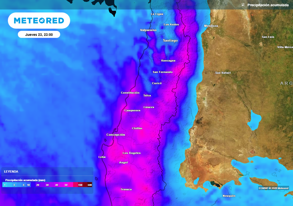 El modelo ECMWF prevé montos mayores entre la región de Biobío y el Maule para este jueves.