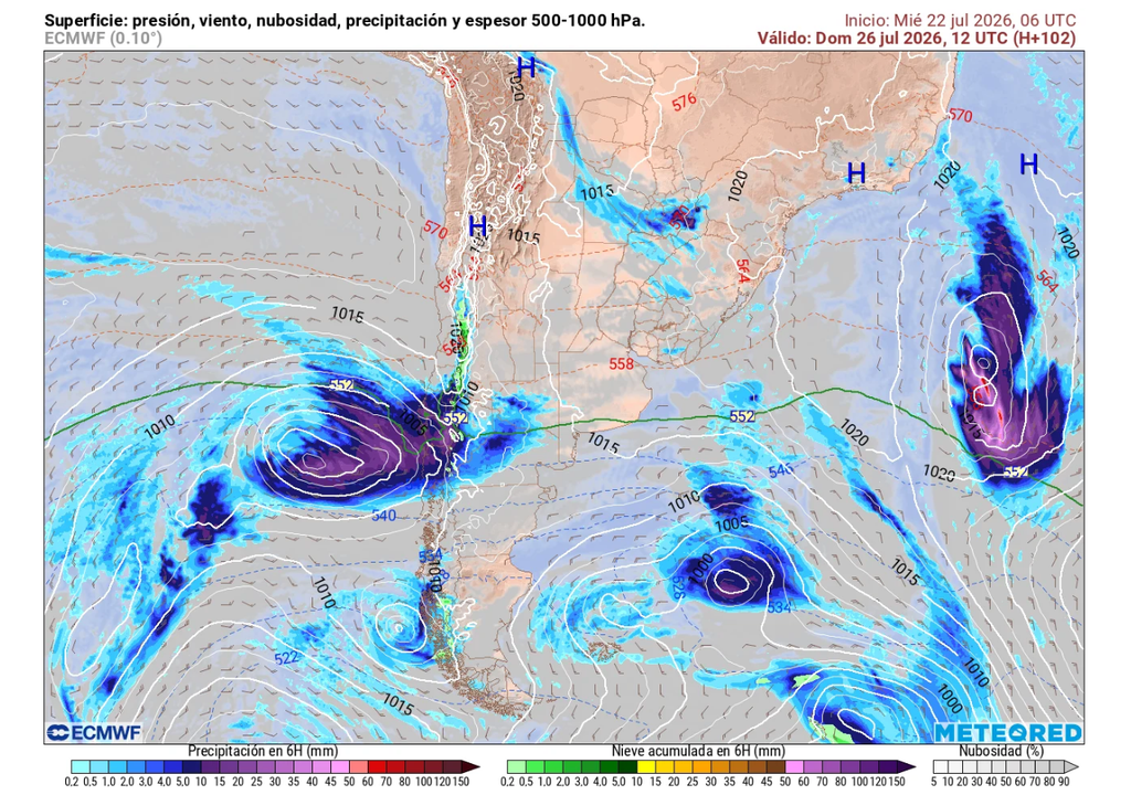 Este domingo arribaría un nuevo sistema frontal con un río atmosférico a la zona centro sur, alcanzando parte de Chile central.