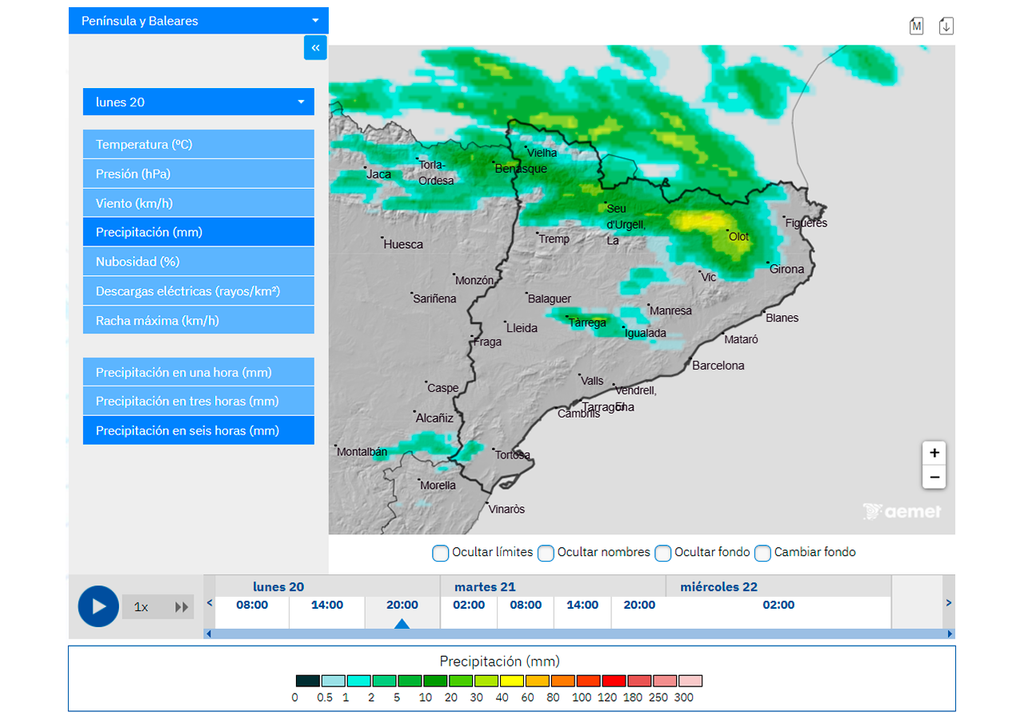 El modelo Harmonie de AEMET avisa de tormentas muy intensas en el norte de Cataluña.