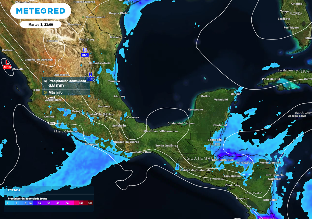 Los acumulados de lluvia más destacados son sobre el Oeste y de menor intensidad sobre el Centro y Noreste de de México.