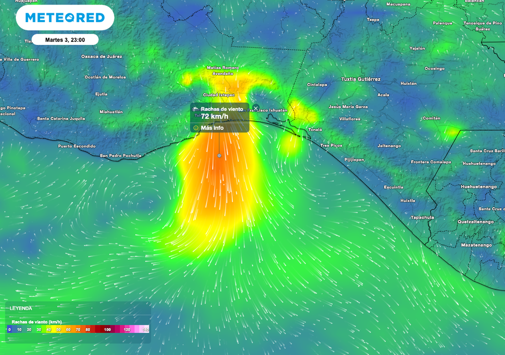 Los vientos más fuertes, son las rachas de 70 a 80 km/h que se registran en el Istmo y Golfo de Tehuantepec que contempla a los estados de Oaxaca y Chiapas.