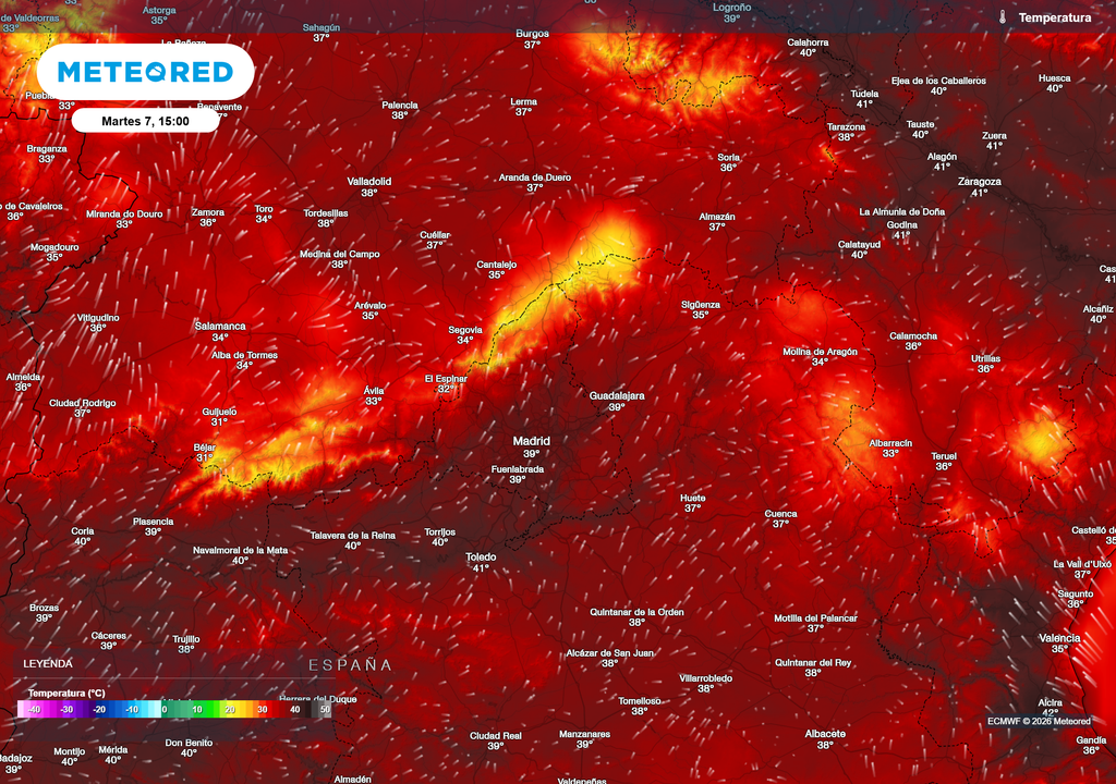 Las temperaturas máximas hoy estarán entre los 39 ºC-40 ºC en buena parte del centro peninsular.