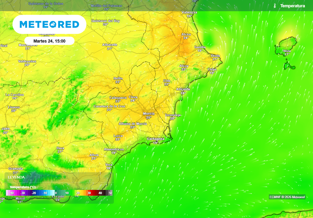 Murcia superará hoy los 25 ºC, según el modelo europeo.