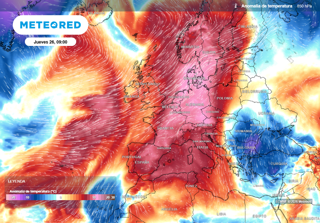 La calima llegará con una masa de aire extremadamente suave para finales de febrero, que por el intenso flujo de sur llegará hasta latitudes muy altas.