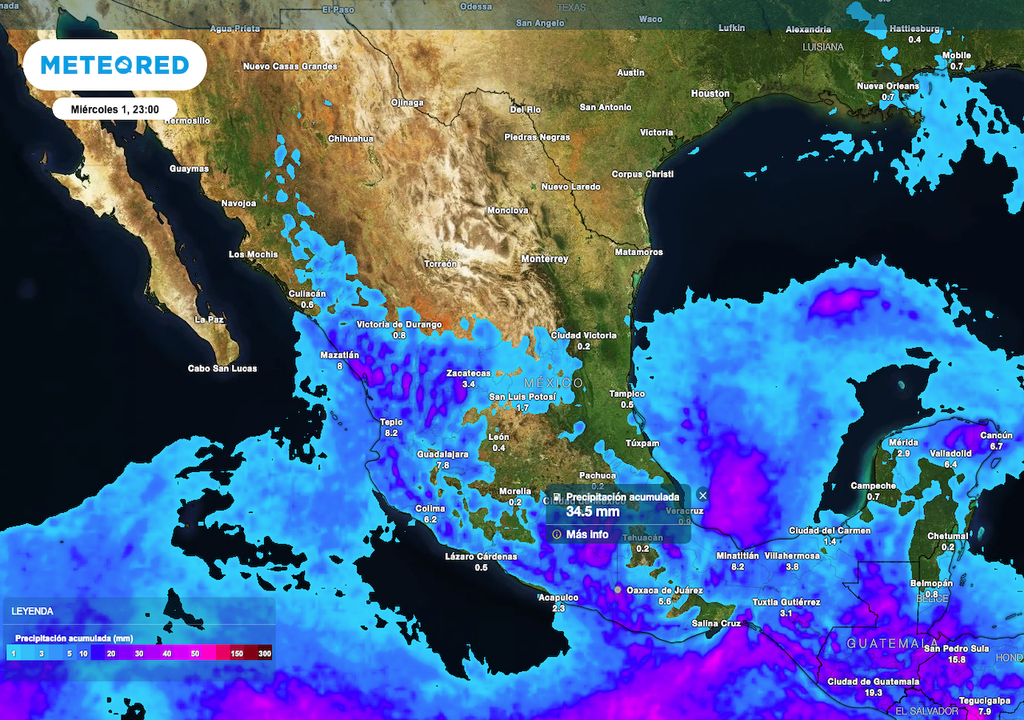 Se prevé que las lluvias en gran parte de México, siendo lo más tormentoso hacia el Oeste y Sur.