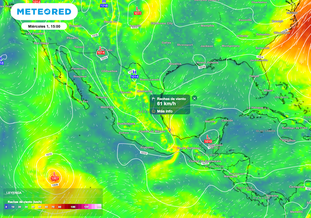 Los viento pudieran alcanzar rachas de hasta 70 km/h en partes del Sur de México.