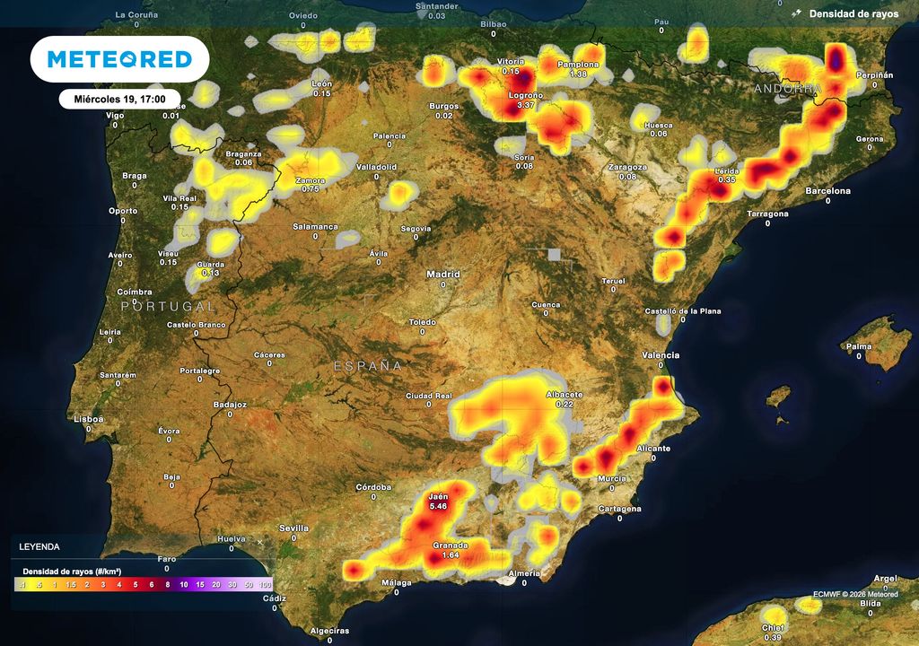 Actividad eléctrica prevista por el modelo europeo para mañana miércoles a las 17:00.