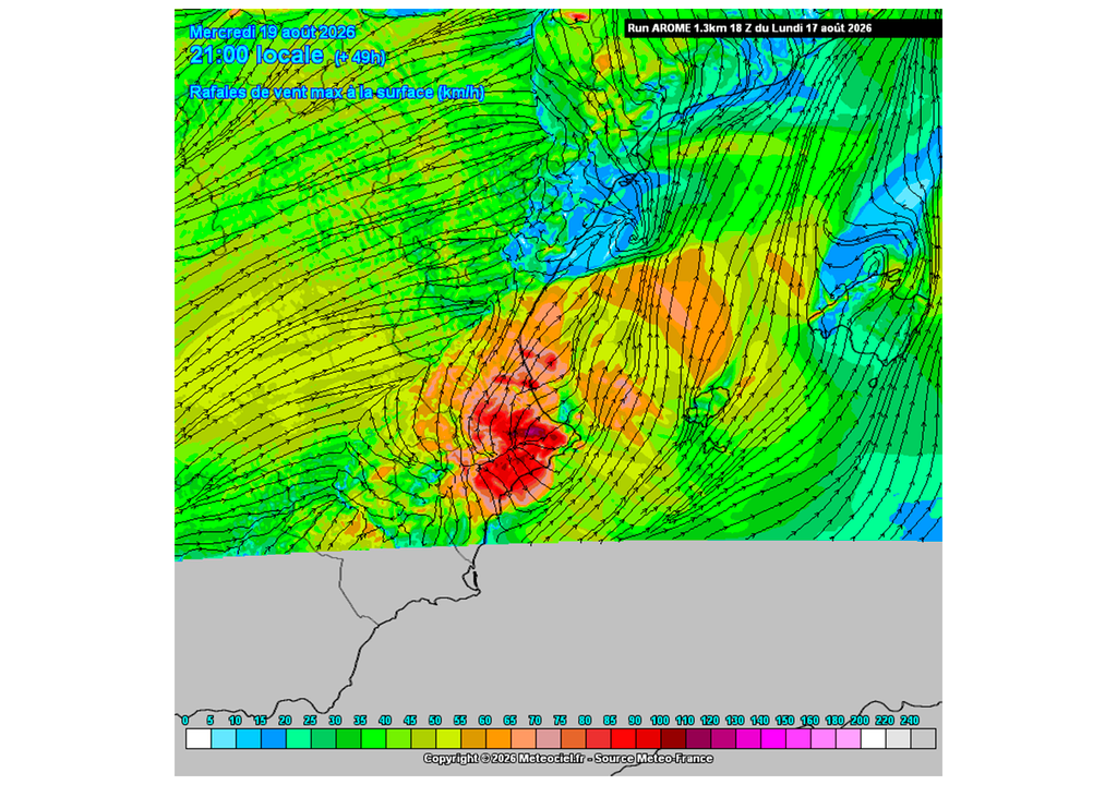 Rachas de viento previstas por por el modelo de alta resolución Arome para mañana miércoles por la tarde. Fuente: Meteociel.