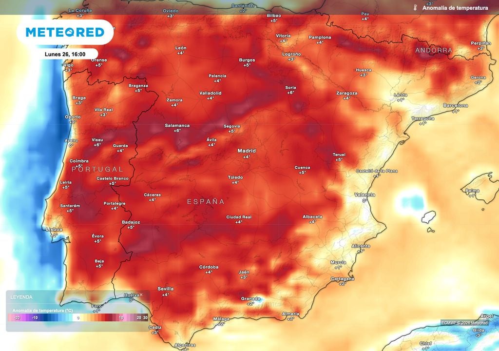 Anomalías térmicas previstas por el modelo europeo para el lunes. El veranillo será más notorio en la mitad occidental peninsular.