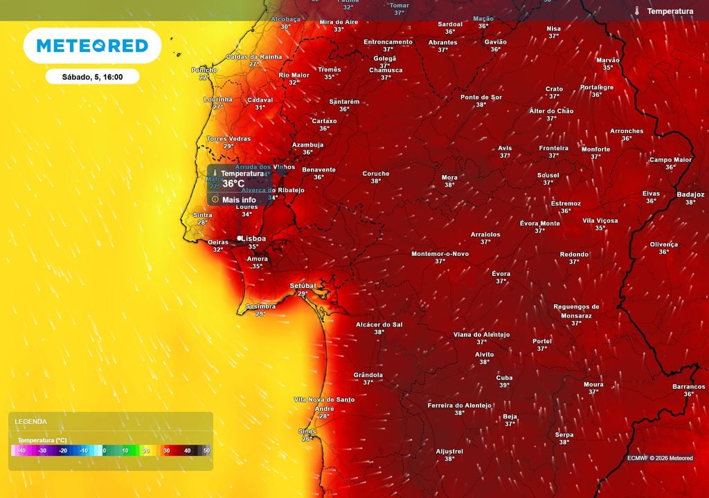 temperatura do ar à superfície Lisboa poderá registar uma subida de temperatura de 5 ºC entre hoje e amanhã, sendo que para hoje são esperados até 31 ºC de máxima e para amanhã prevêem-se até 36 ºC.