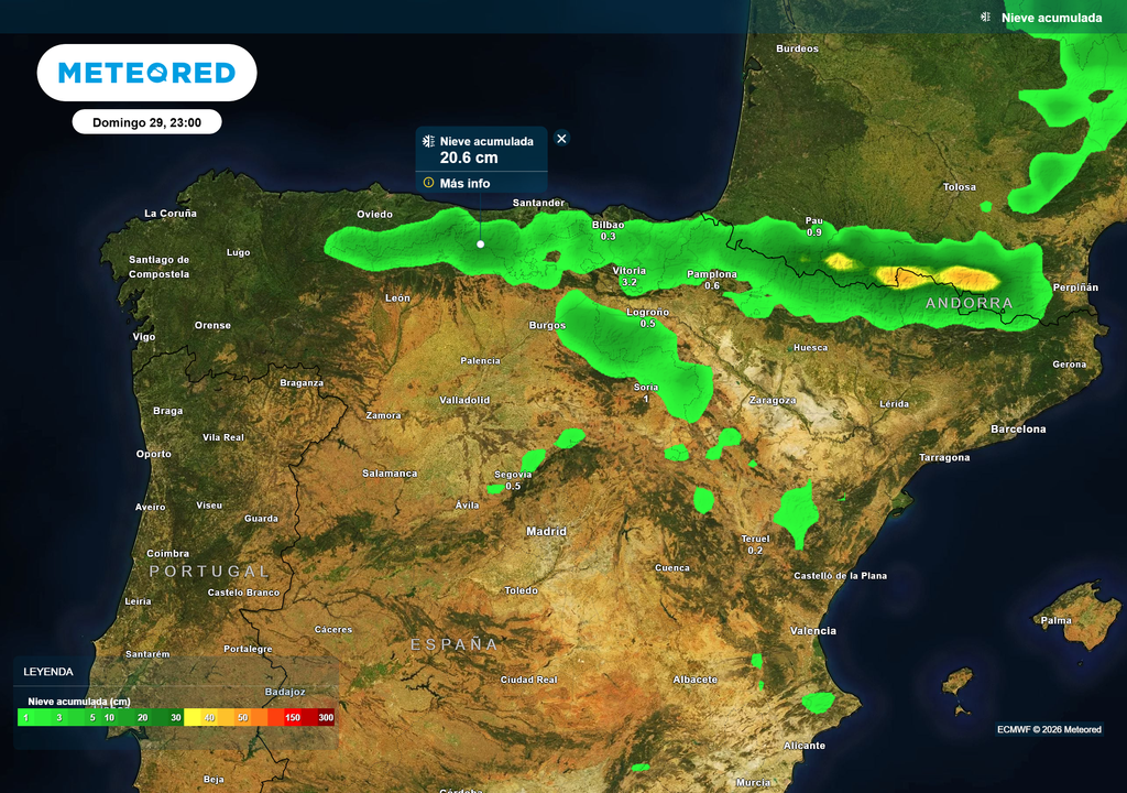 Los acumulados de nieve esperados para el final de la jornada del sábado.