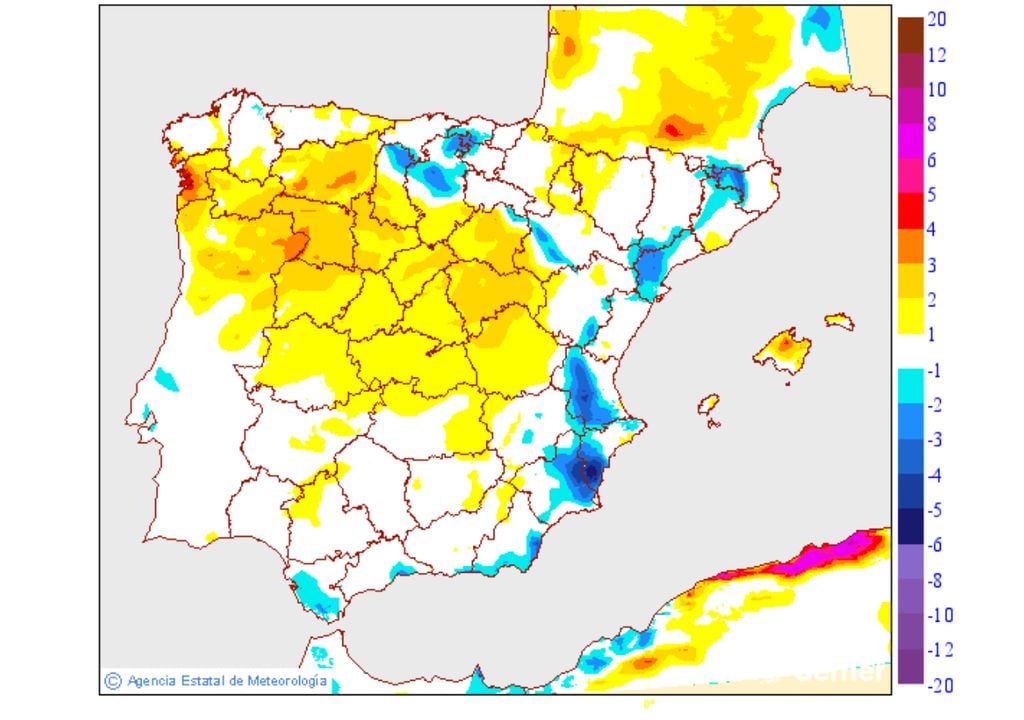 El mayor descenso de las temperaturas máximas se registrará en el sur de la Comunidad Valenciana, donde en algunos puntos se perderán hasta 8 ºC respecto al viernes. Fuente: AEMET.