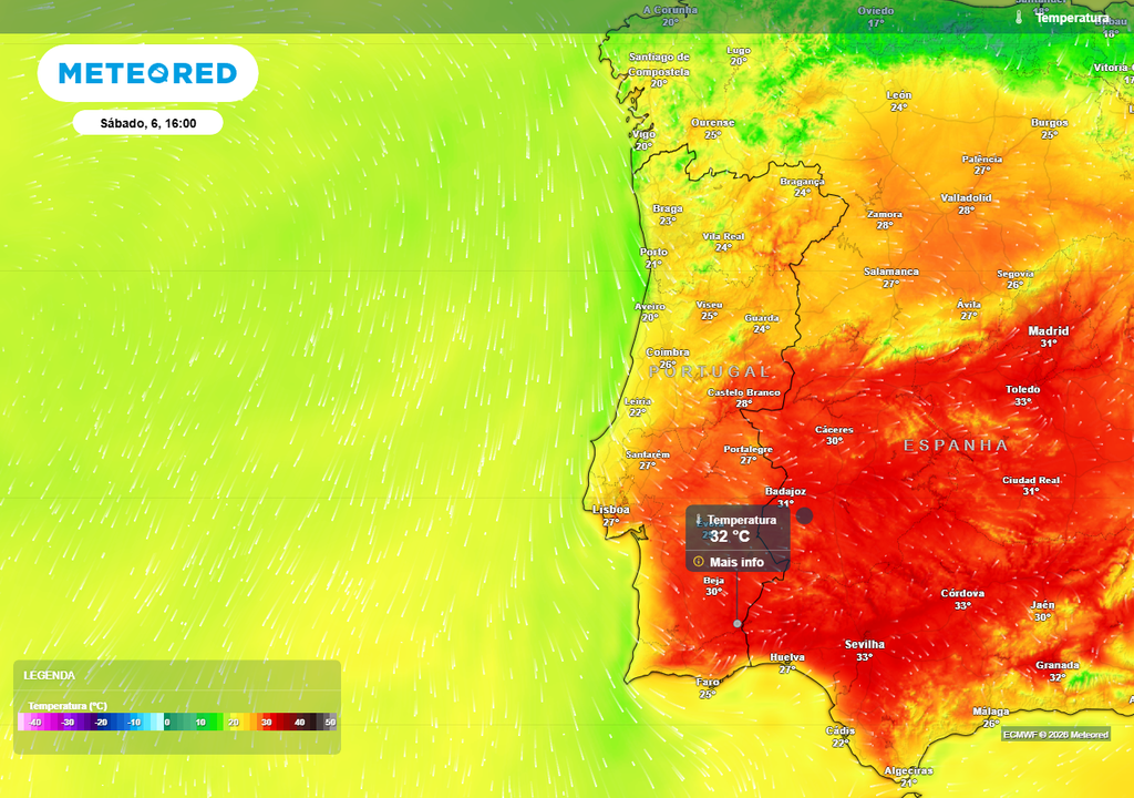 O sábado deverá ser o dia mais quente do período, com temperaturas mais elevadas em várias regiões do sul de Portugal continental.