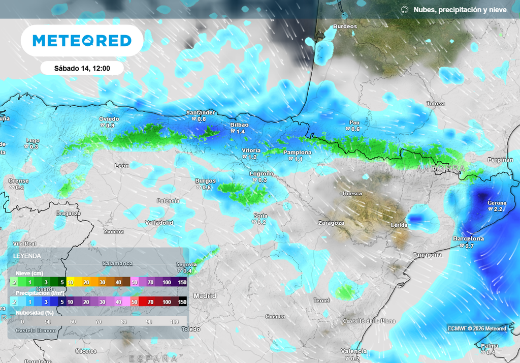 Mañana las precipitaciones serán localmente persistentes en la divisoria del Pirineo y en la cara norte de la Cordillera Cantábrica.