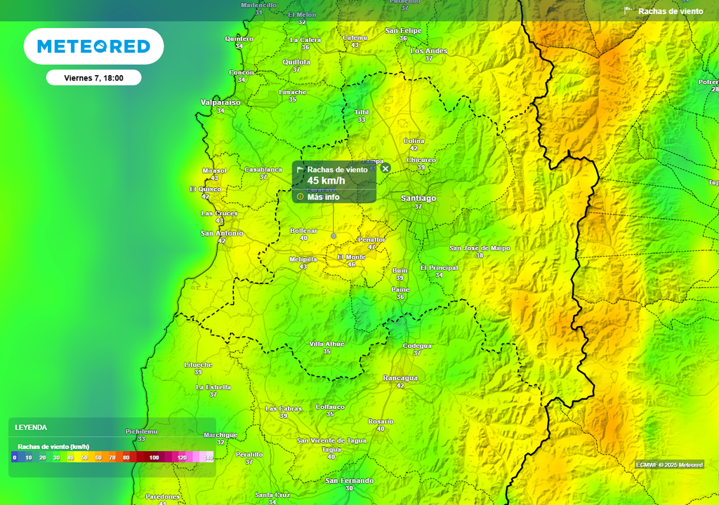 Rachas de viento, ECMWF, Santiago, Chile, Meteored Rachas de viento, ECMWF, Santiago, Chile, Meteored
