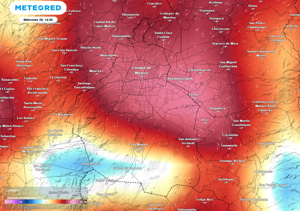 Este mapa muestra anomalías de temperatura de 9 °C por encima del promedio para el horario indicado en el marco superior izquierdo.