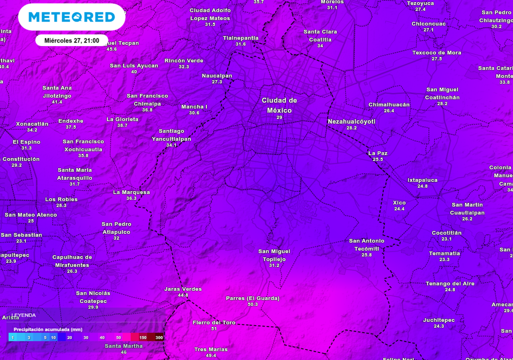 Aunque el total de acumulados en el modelo incluye lluvia desde el inicio del pronóstico, las mayores contribuciones se esperan el miércoles 27.