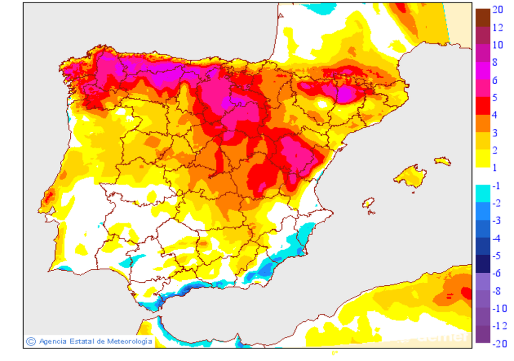 Mapa de variaciones de temperaturas máximas de mañana en la Península y Baleares. Fuente: AEMET.