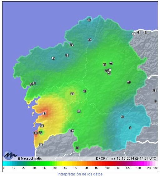 Estimación De La Precipitación Por Radar. Un Ejemplo Sobre Galicia, Solo Eso: Estimación Registros acumulados desde la 00 UTC hasta las 14:51 UTC según estaciones de meteoclimatic.com