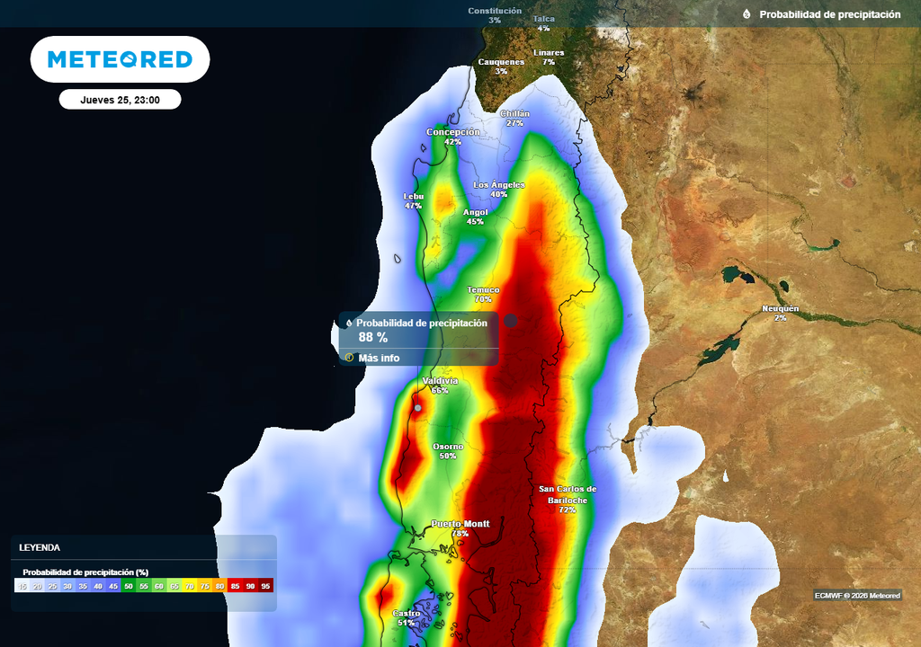 Lluvias del segundo sistema frontal de la semana llegarían hasta la Región de Ñuble Probabilidad de precipitación (%) para la noche del jueves (25) en el centro-sur de Chile.
