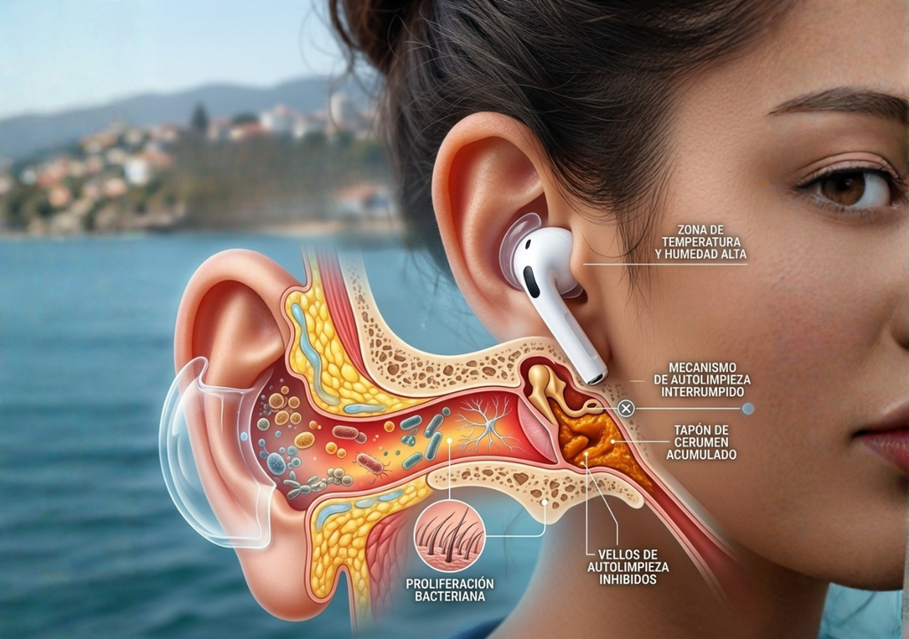 El uso prolongado de auriculares intraaurales puede retener humedad y alterar la limpieza natural del oído, favoreciendo infecciones y acumulación de cerumen.