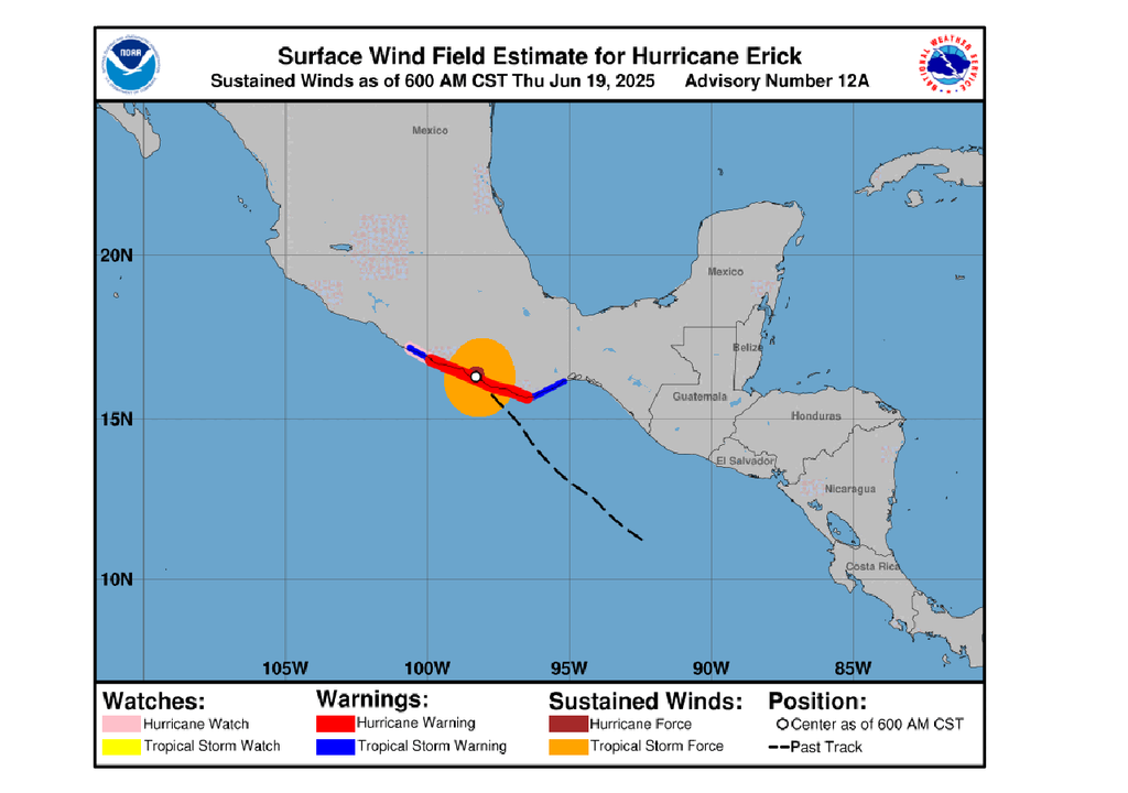 Trayectoria del huracán Mayor Erick en junio de 2025 Trayectoria del huracán Mayor Erick en junio de 2025