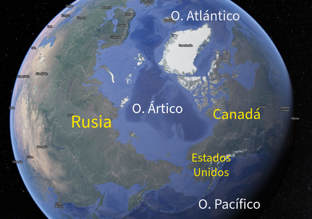Las aguas del océano Ártico bañan parte del litoral de las tres naciones con mayor superficie del planeta. Imagen: Google Earth.