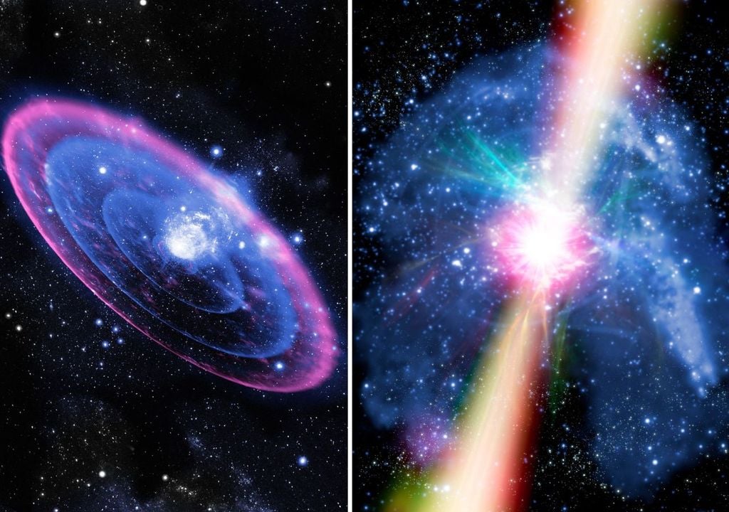 supernova/ púlsar La transición ocurre desde la explosión de una supernova (izq.), cuando la estrella agota su combustible, hasta que se convierte en estrella de neutrones (der.) y comienza a rotar.