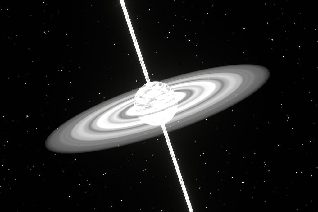 El material que se encuentra alrededor es orientado debido al fuerte campo magnético y es lanzado como haz de luz.