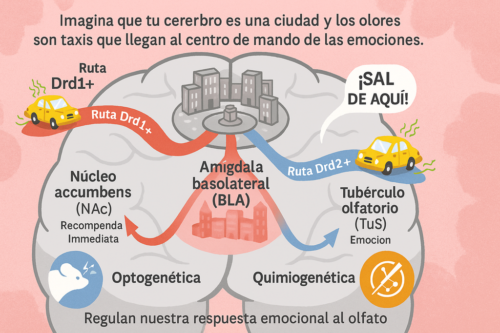 Diagrama ilustrado de como os táxis olfativos seguem as vias Drd1+ e Drd2+ da amígdala basolateral até o estriado ventral, modulados pela optogenética e quimiogenética. Diagrama ilustrado de como os táxis olfativos seguem as vias Drd1+ e Drd2+ da amígdala basolateral até o estriado ventral, modulados pela optogenética e quimiogenética.