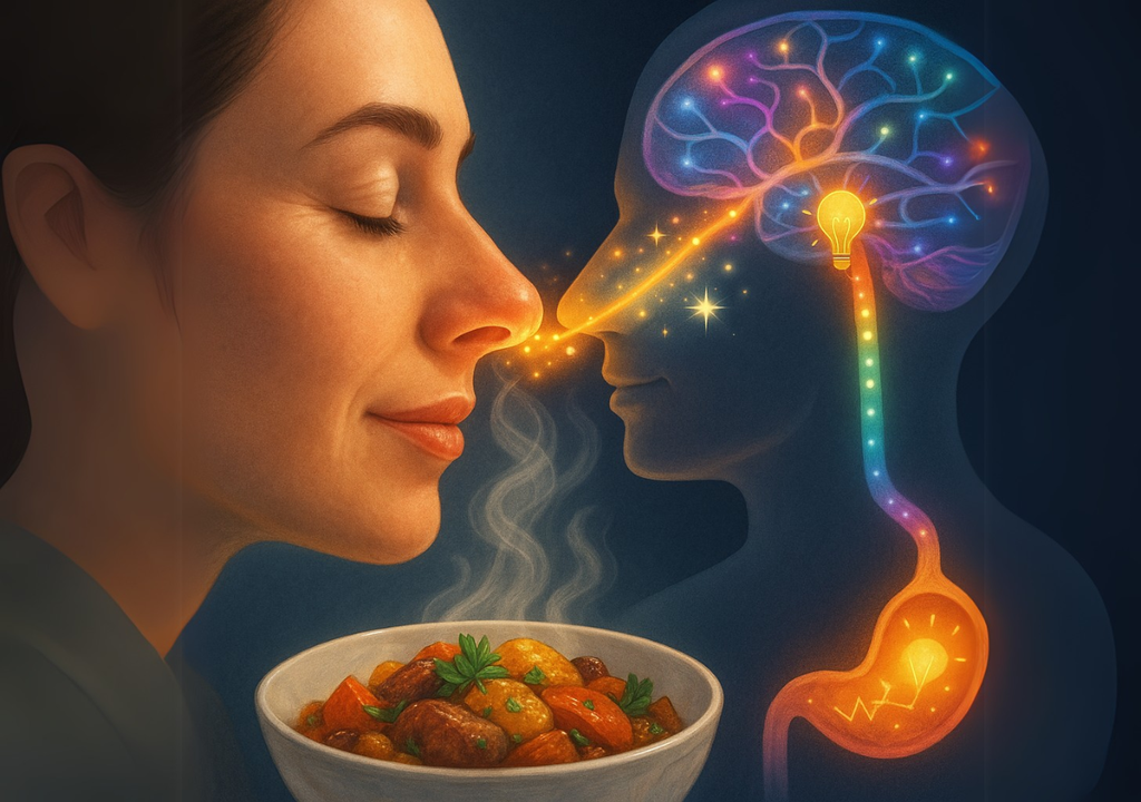 Ilustração mostrando como um simples aroma ativa os caminhos cerebrais do nariz ao estômago, despertando o apetite. Ilustração mostrando como um simples aroma ativa os caminhos cerebrais do nariz ao estômago, despertando o apetite.
