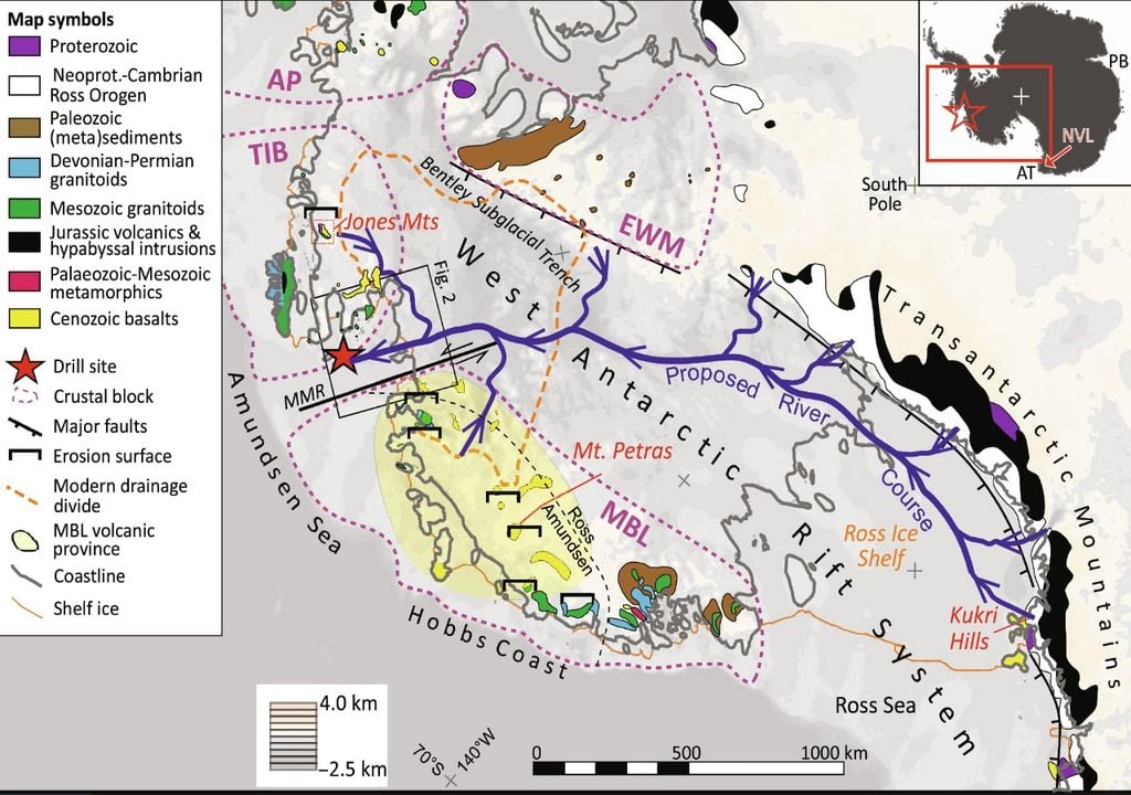 La mappa mostra la topografia subglaciale dell'area di studio, comprese le principali unità geologiche e strutture tettoniche, nonché la posizione proposta del sistema fluviale dell'Eocene.