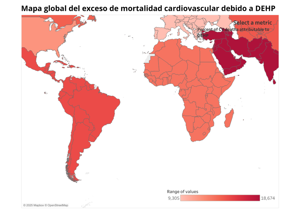 El mapa global del exceso de mortalidad cardiovascular debido a DEHP muestra que las áreas más afectadas están en Asia. Imagen: Sara Hyman en Public tableau. El mapa global del exceso de mortalidad cardiovascular debido a DEHP muestra que las áreas más afectadas están en Asia. Imagen: Sara Hyman en Public tableau.
