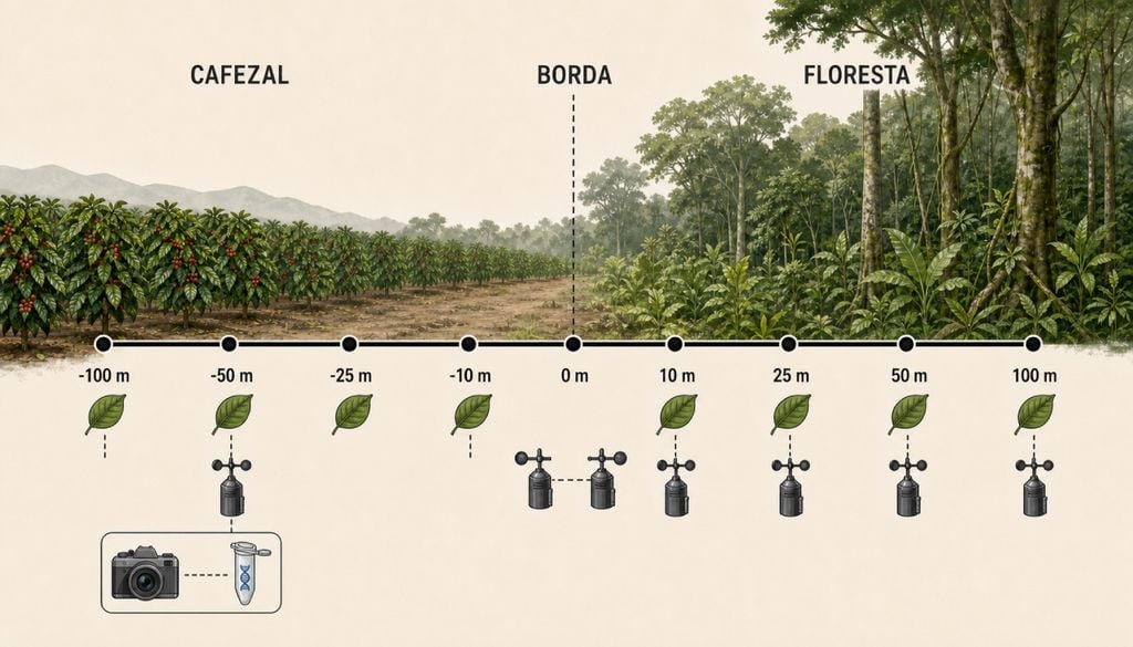 O experimento coletou folhas e fungos do ar em diferentes distâncias entre o cafezal, a borda e o interior da floresta.