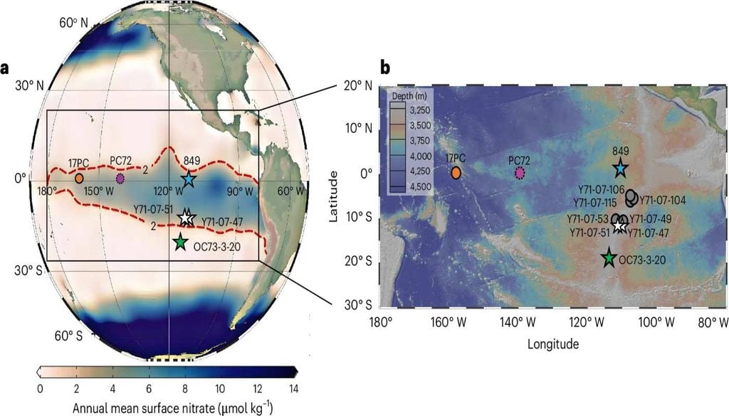 Vulcão Localização dos estudos sobrepostas às concentrações médias anuais de nitrato à superfície do oceano (Atlas Mundial dos Oceanos 2018) e Topografia do fundo oceânico indicando a Dorsal Meso-Oceânica do Pacífico Oriental. Fonte: Kong, T., Ruan, X., Farmer, J.R. at al.