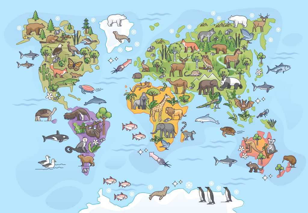 Weltkarte mit der Verteilung der Tiere auf den verschiedenen Kontinenten