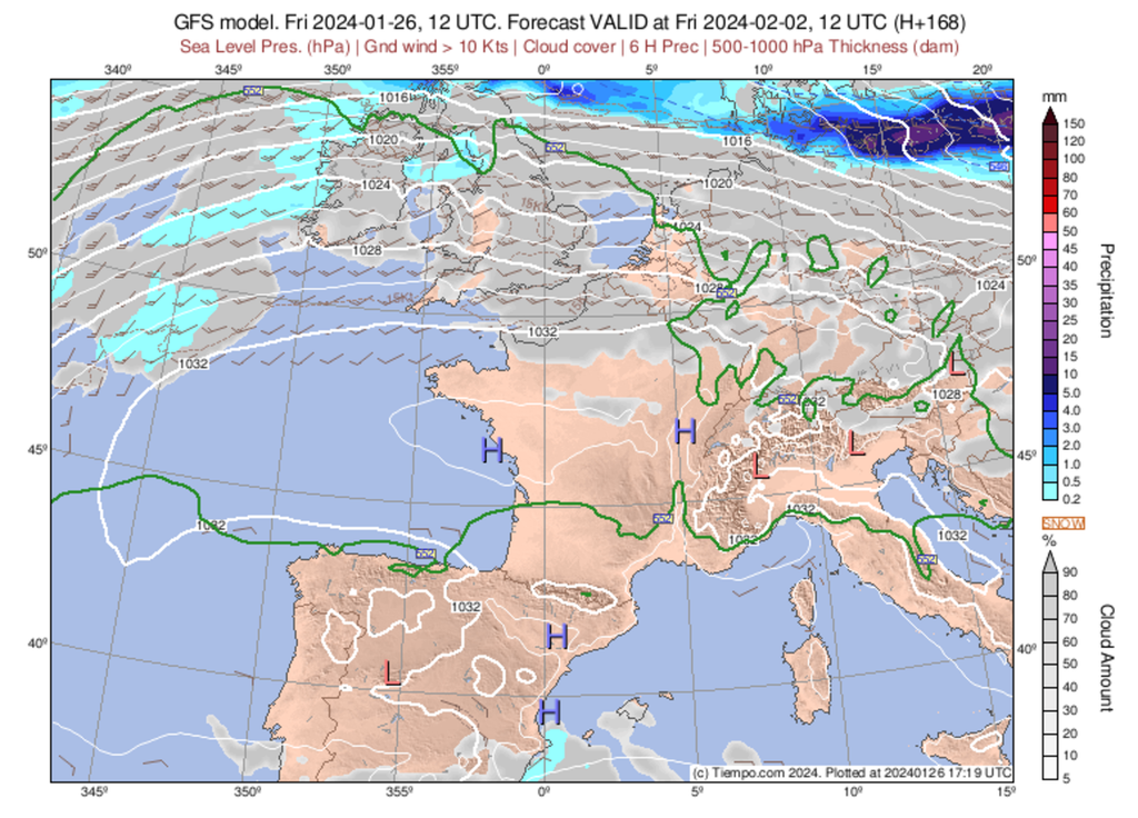 L'anticylone écartera les dépressions bien plus au Nord début février.