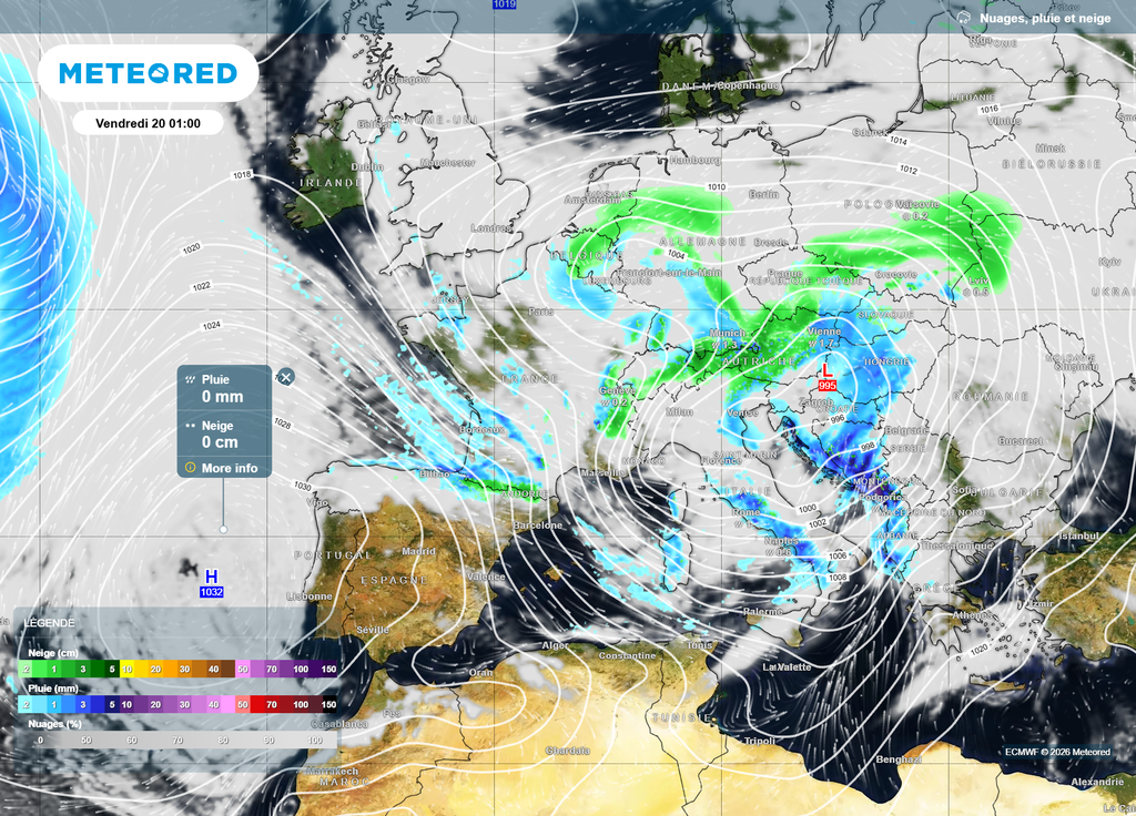 Anticyclone vendredi Vendredi, l'anticyclone des Açores pourrait étirer une dorsale sur l'Atlantique, barrant le passage aux perturbations pluvieuses.