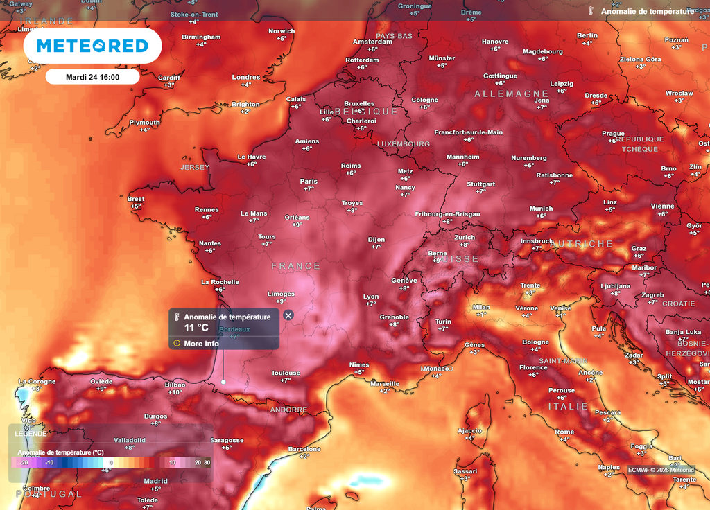 Mardi après-midi, une étonnante douceur sera présente sur la France, avec des valeurs parfois plus de 10°C au-dessus des moyennes de saison entre le Sud-Ouest et le Massif Central.