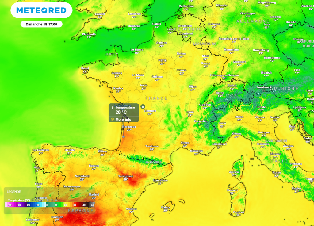 A l'avant de la goutte froide, les températures seront en hausse. Il fera chaud dans le sud-ouest dimanche après-midi. A l'avant de la goutte froide, les températures seront en hausse. Il fera chaud dans le sud-ouest dimanche après-midi.