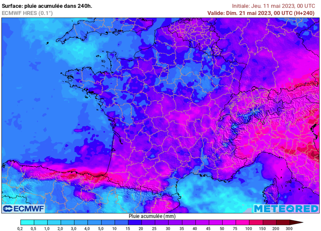Ces 10 prochains jours, la météo s'annonce humide sur la France sauf en direction des Pyrénées orientales avec des cumuls très faibles voire absents. Ces 10 prochains jours, la météo s'annonce humide sur la France sauf en direction des Pyrénées orientales avec des cumuls très faibles voire absents.