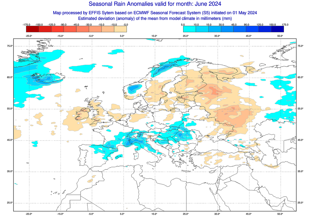 Dans la continuité du printemps, l'instabilité pourrait bien dominer une grande partie du mois de juin avec des précipitations excédentaires du sud-ouest jusqu'à l'est (modèle ECMWF).