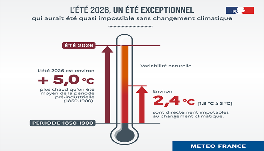 L’été 2026 a atteint un niveau de chaleur qui aurait été quasi impossible sans changement climatique. Par rapport à la période préindustrielle, il a été environ 5 °C plus chaud, dont 2,4 °C directement imputables au changement climatique. (c) Météo-France