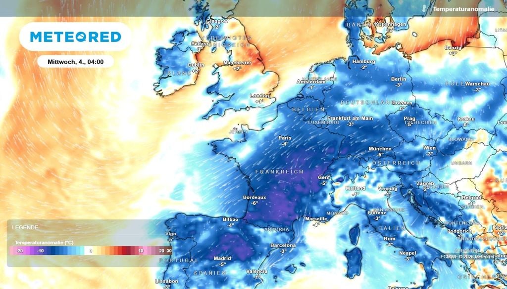 europa, auskühlen, winter In ganz Europa startet der November recht frisch. Die Temperaturanomalie wird stark negativ.